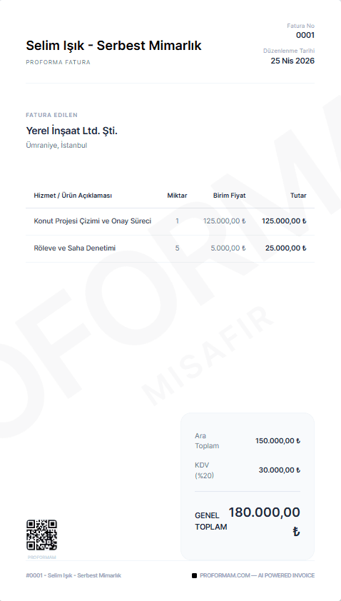 Minimal Fatura Örneği — Freelancer için
